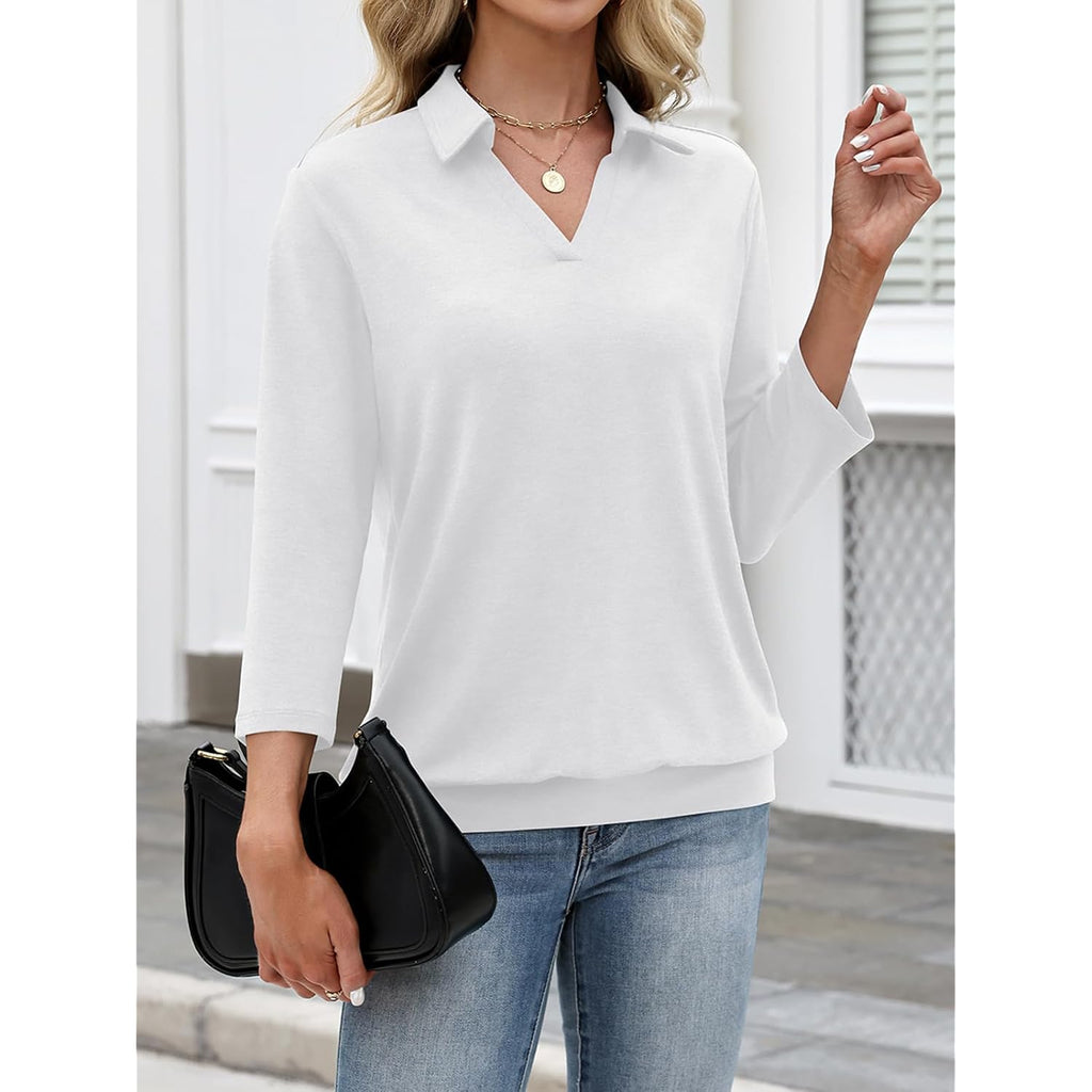 Ticticmiss Womens Polo Shirts 3/4 Sleeve Banded Bottom Tops Business Casual Tops Collared V Neck Blouses
