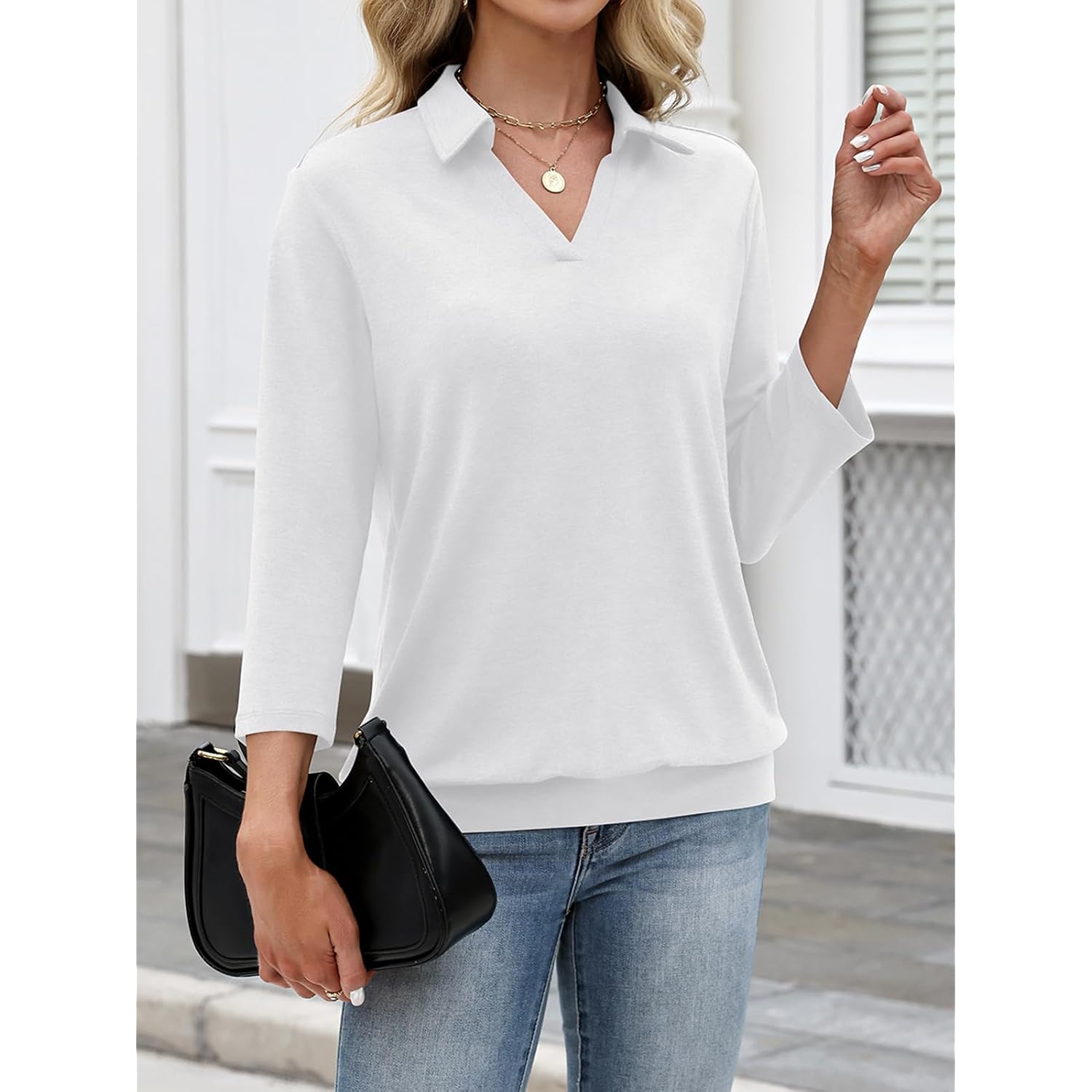 Ticticmiss Womens Polo Shirts 3/4 Sleeve Banded Bottom Tops Business Casual Tops Collared V Neck Blouses