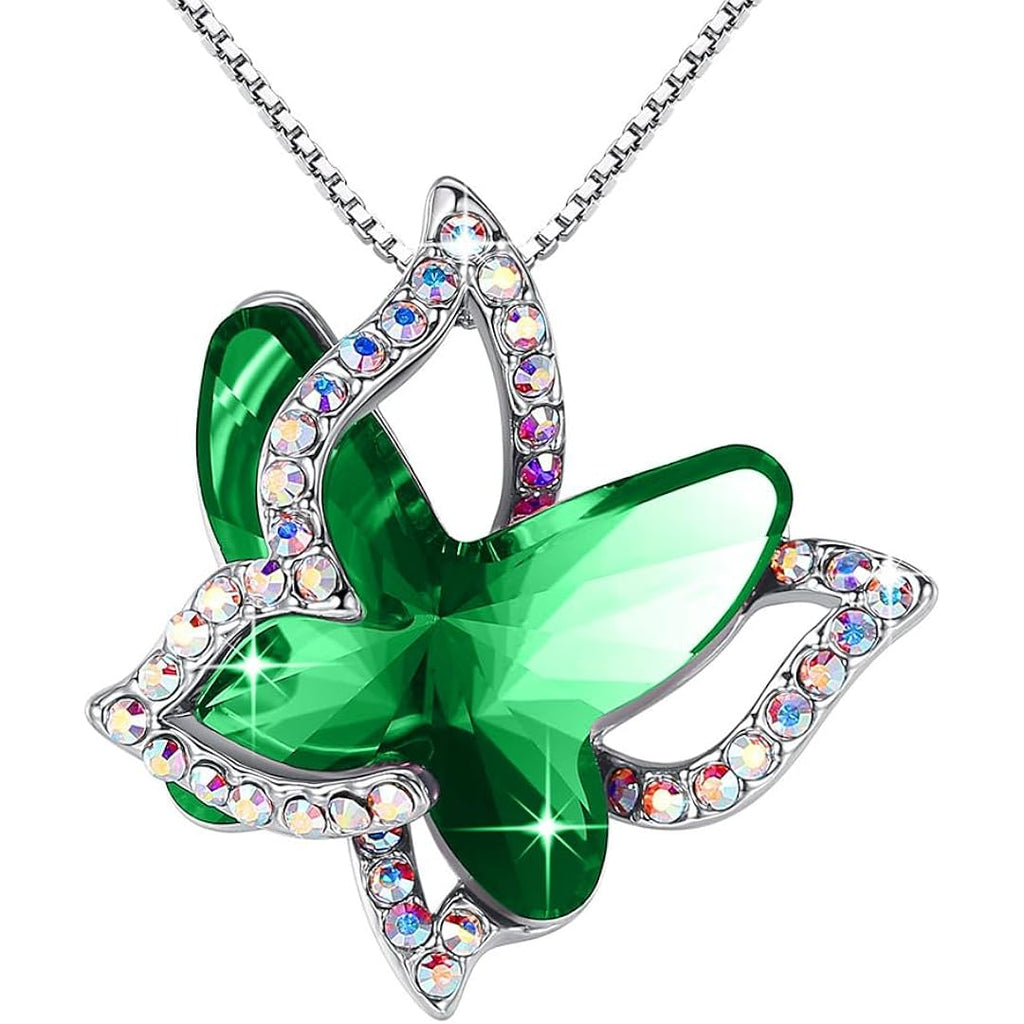 Butterfly Birthstone Crystal Necklace Mother's Day Present for Women Silver Tone Pendant Jewelry Made with Austrian Crystals Anniversary Birthday Gift 18"+2"