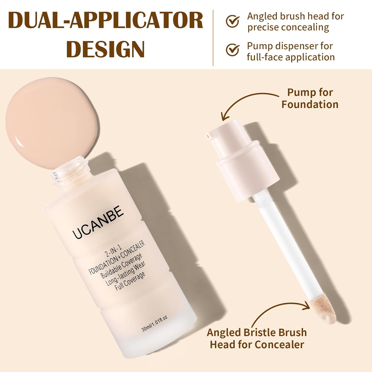 UCANBE 2-IN-1 Foundation + Concealer, Full Coverage Long-Lasting Matte Makeup for Normal, Combination and Oily Skin, Buildable Waterproof Formula with Hyaluronic Acid （01 Fair Ivory）