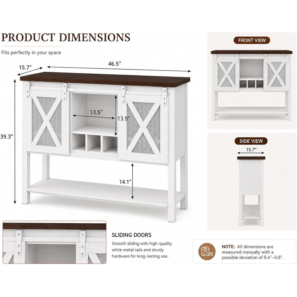 47" Farmhouse Coffee Bar Cabinet With Storage, Sideboard Buffet Table With Wine Rack And Sliding Barn Door, Liquor Cabinet For Kitchen Dining Room, White