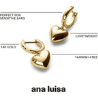 Ana Luisa Puffed Heart Earrings - Heart Charm Huggie Hoops and Earring Stud Styles - Dainty 14K Gold Plated, Silver Rhodium Plated & Mixed Metal Silver & Gold Earrings - Hypoallergenic Water-Resistant