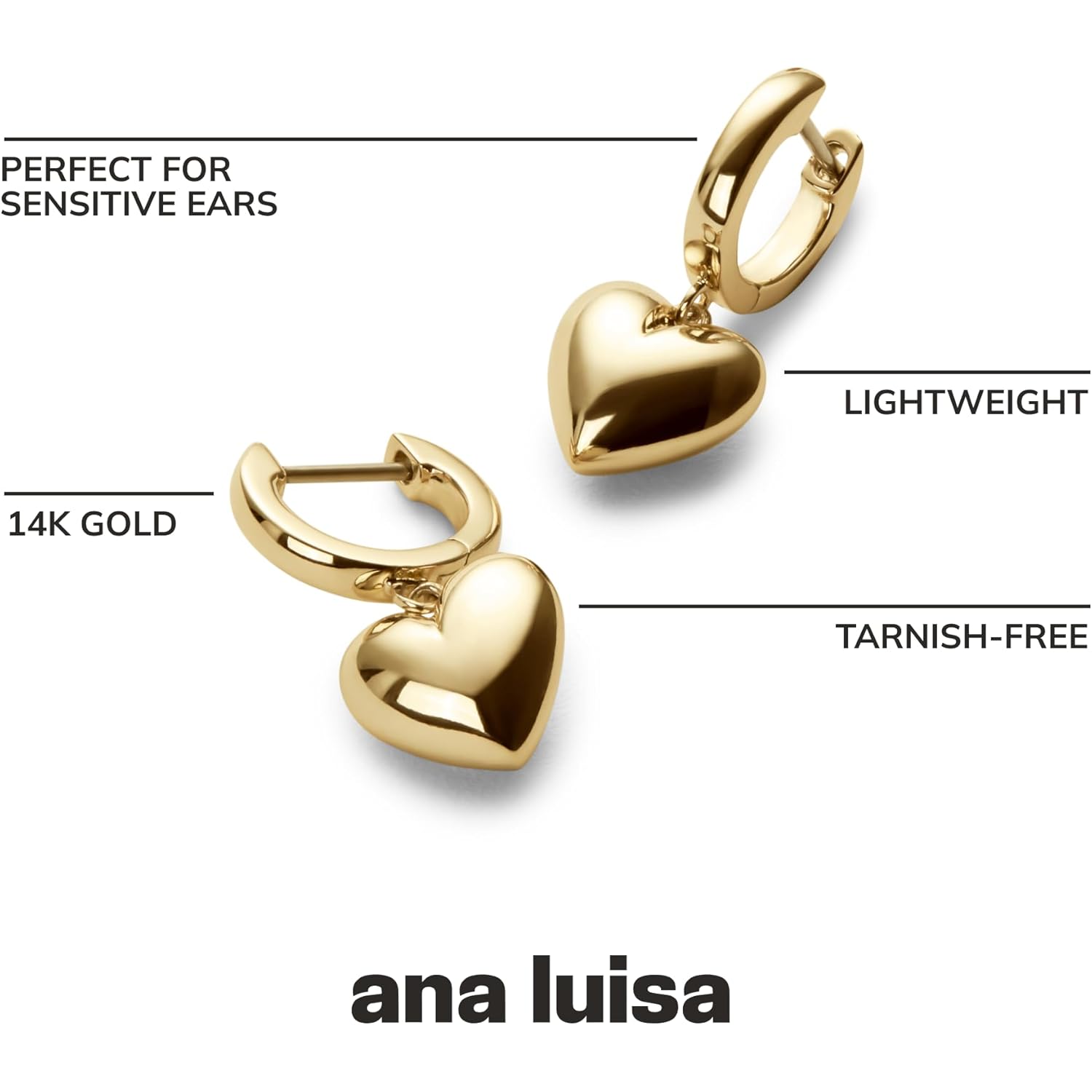 Ana Luisa Puffed Heart Earrings - Heart Charm Huggie Hoops and Earring Stud Styles - Dainty 14K Gold Plated, Silver Rhodium Plated & Mixed Metal Silver & Gold Earrings - Hypoallergenic Water-Resistant
