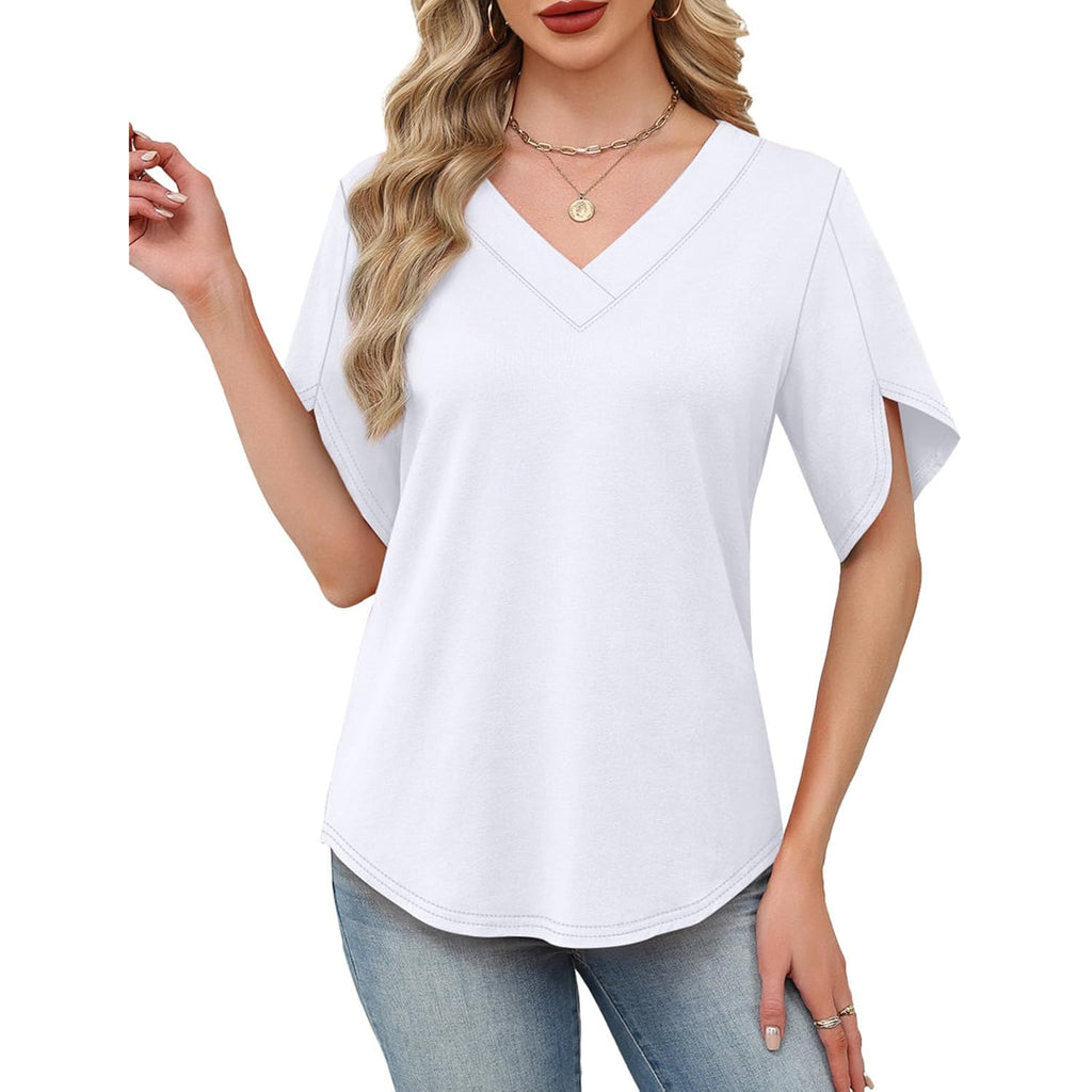 WIHOLL Womens Summer Tops Short Petal Sleeve Shirts Fashion V Neck Womens Clothing