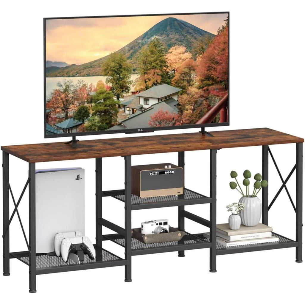 Tv Stand For 55 Inch Tv, Entertainment Center With 3-Tier Open Shelves, Tv Console Table For Living Room, Bedroom, Rustic Brown