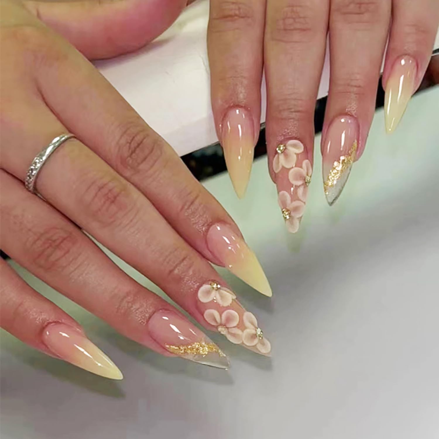 24 Pcs Almond Press on Nails Medium Fake Nails with Glue Artificial False Nails with 3D Flower Charms Design Acrylic Nails Press ons Stiletto Nail Tips Summer Glue on Nails Stick on Nails for Women