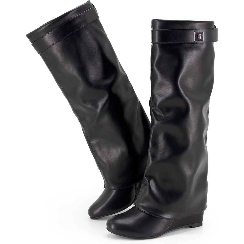 Fold Over Boots Women'S Knee High Shark Boots Round Toe Wedge Heel Flat Shoes For Fall Winter Dress Shoes