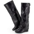 Fold Over Boots Women'S Knee High Shark Boots Round Toe Wedge Heel Flat Shoes For Fall Winter Dress Shoes