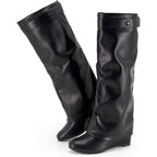Fold Over Boots Women'S Knee High Shark Boots Round Toe Wedge Heel Flat Shoes For Fall Winter Dress Shoes