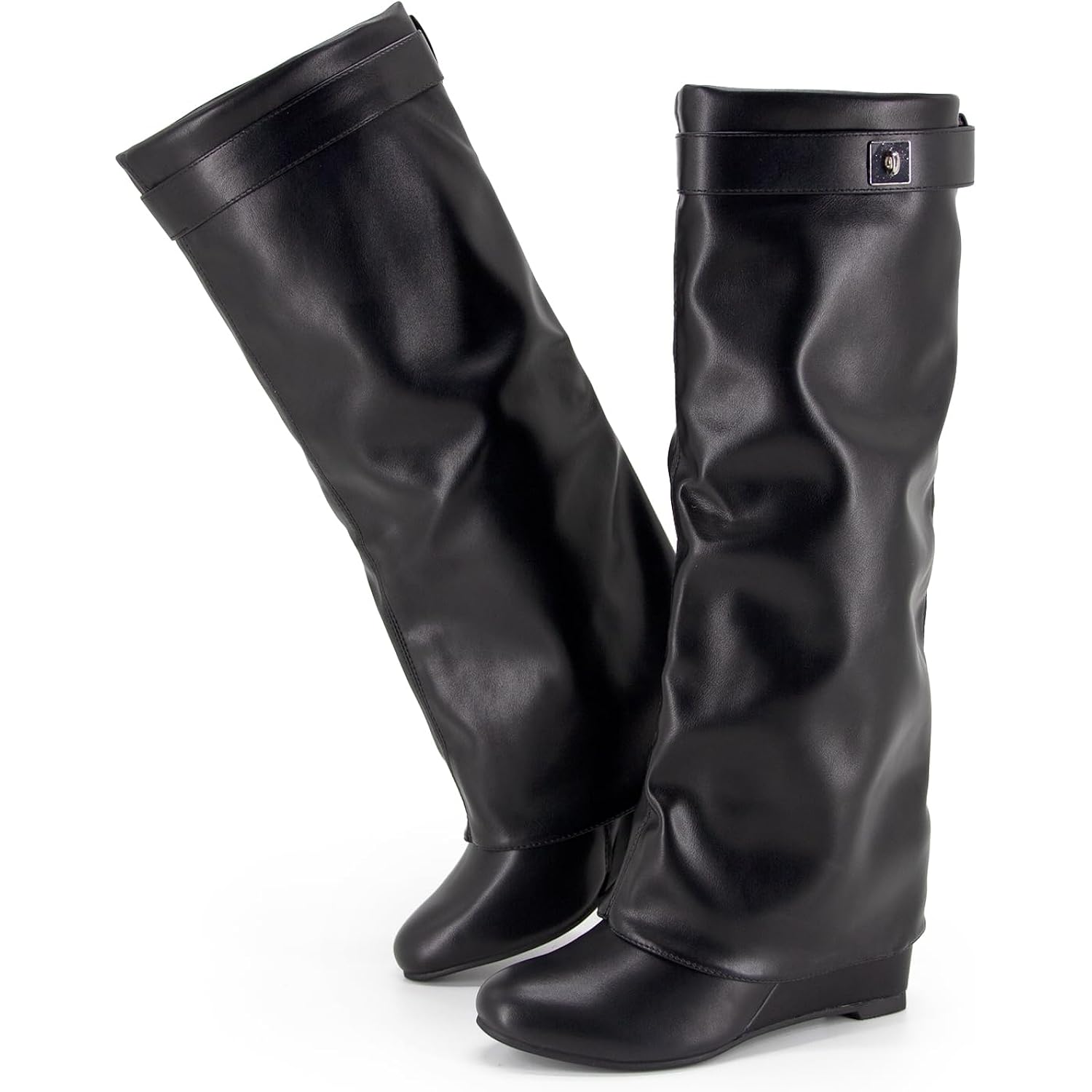 Fold Over Boots Women'S Knee High Shark Boots Round Toe Wedge Heel Flat Shoes For Fall Winter Dress Shoes