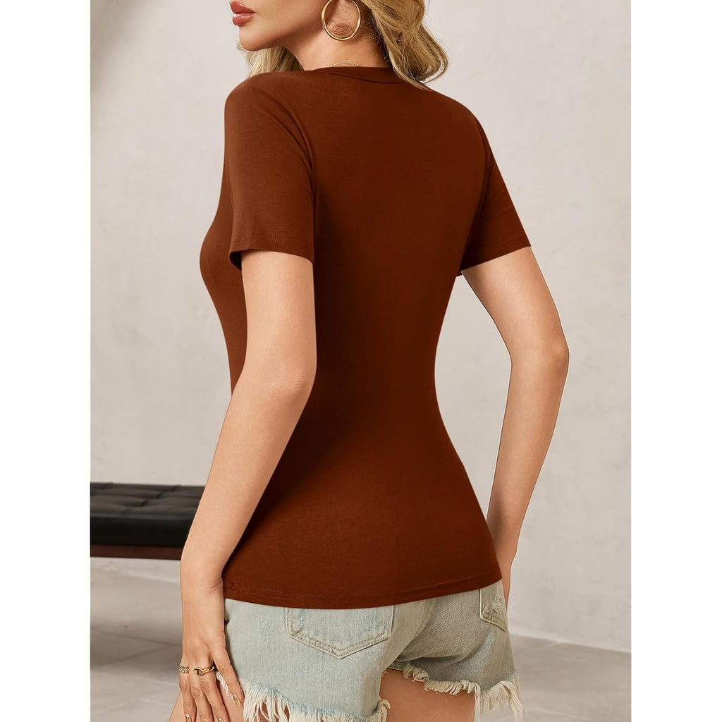 Womens Summer Sexy Short Sleeve Tshirt Tops Deep V Neck Shirts Casual Slim Fit Basic T-Shirt Tee