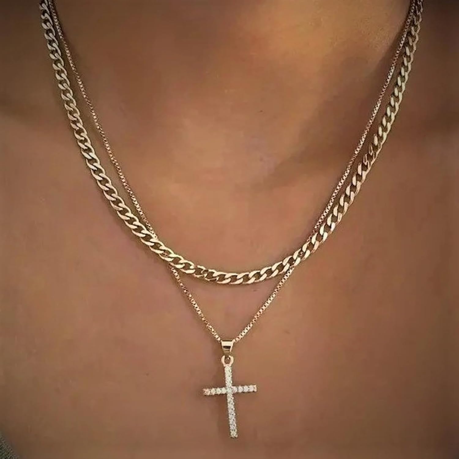 Cross Necklace for Women,Stackable Stacked Stacking Layering Layered Necklaces Dainty Gold Necklace Paperclip Box Flat Mariner Chain Necklace Cross Pendant CZ Diamond Simple Jewelry Gift