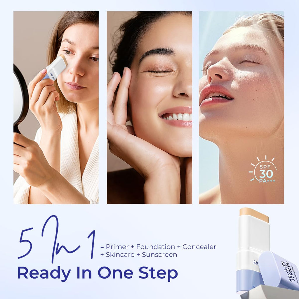 SACE LADY Foundation Stick, Medium to Full Coverage Foundation Makeup with Built-in Brush, Soft Matte Face Make Up Base with SPF 30 for Women, 0.4Oz (03#)