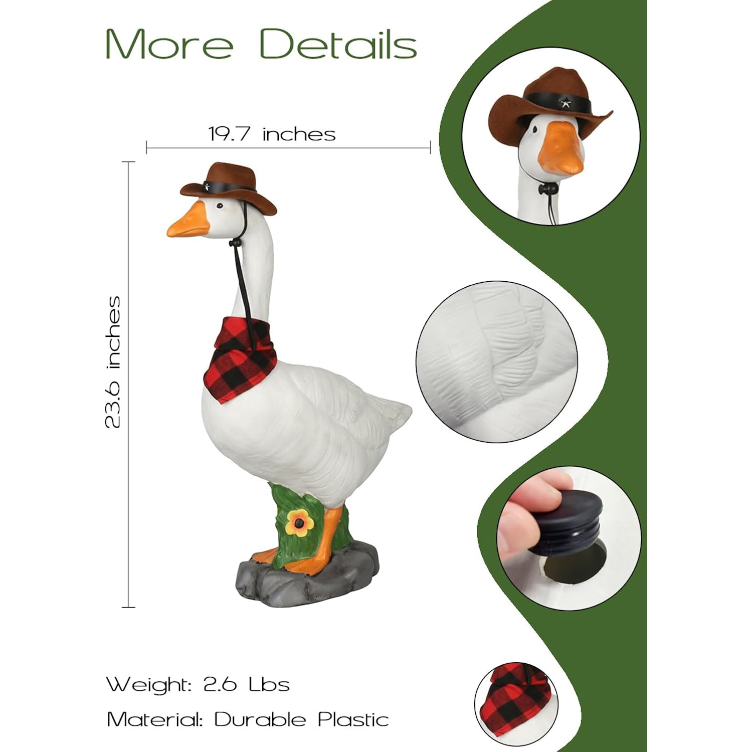 Larpgears Premium Adjustable Large Porch Goose Statue – 23” Realistic Hollow Plastic Garden Goose With Removable Cowboy Hat & Bandana, Stone Base With Sand-Fillable Design For Outdoor Stability
