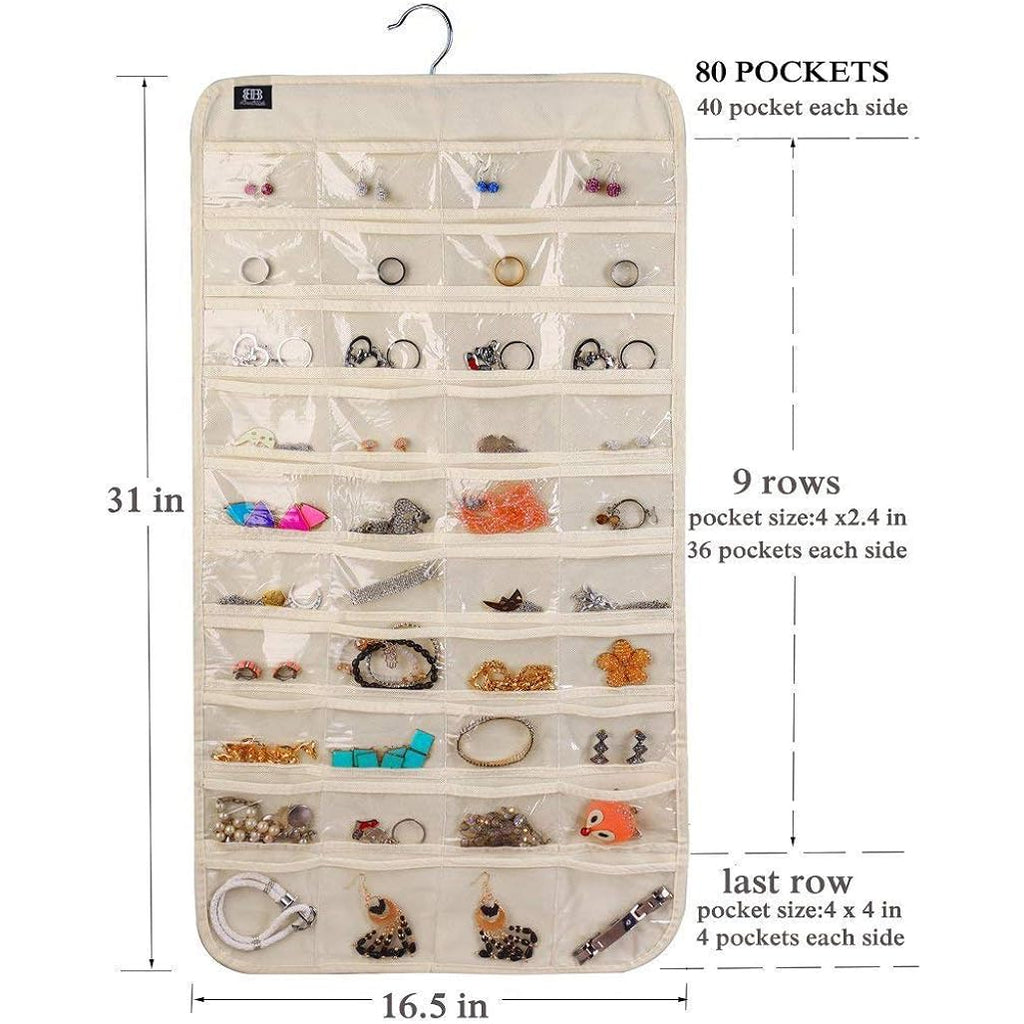 Hanging Jewelry Organizer,Accessories Organizer,80 Pocket Organizer For Holding Jewelries（Beige）