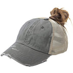 Distressed Ponytail Hats Baseball for Women Messy-Bun Pony Caps Grey