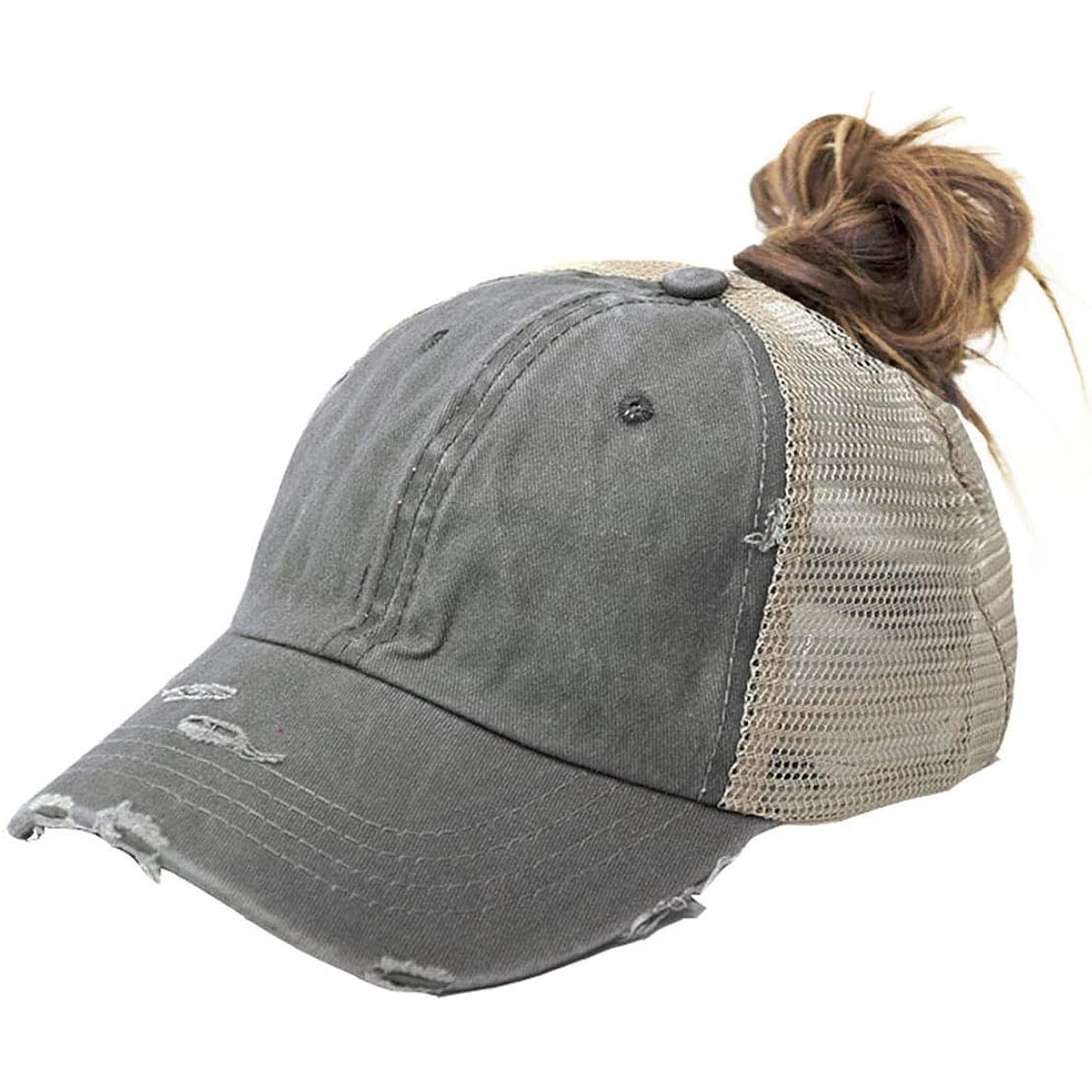 Distressed Ponytail Hats Baseball for Women Messy-Bun Pony Caps Grey
