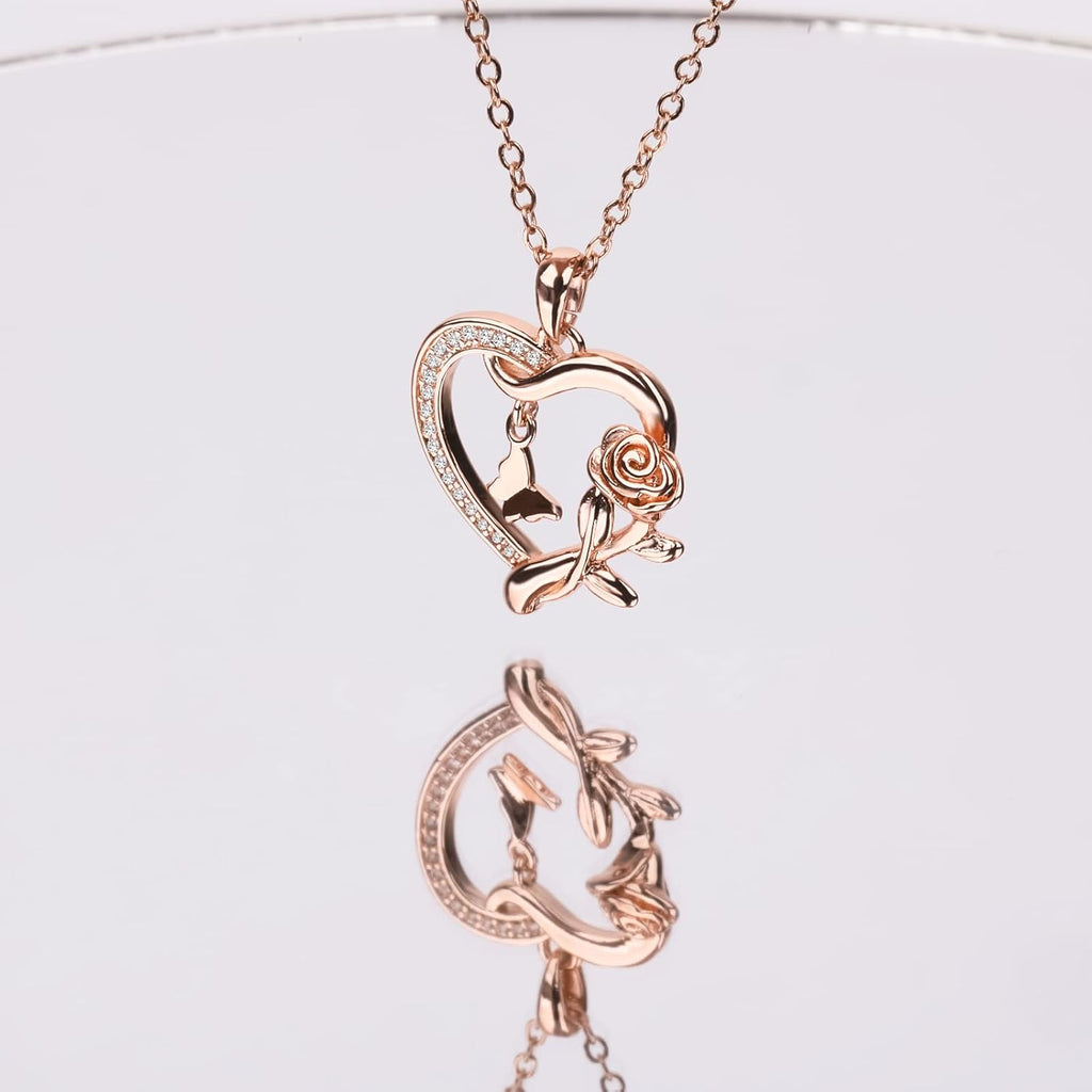 Heart Necklace for Women Sterling Silver/14k Gold Plated/Rose Gold CZ Romantic Rose and Butterfly Jewelry for women Birthday Valentine's Day Gift for Girls