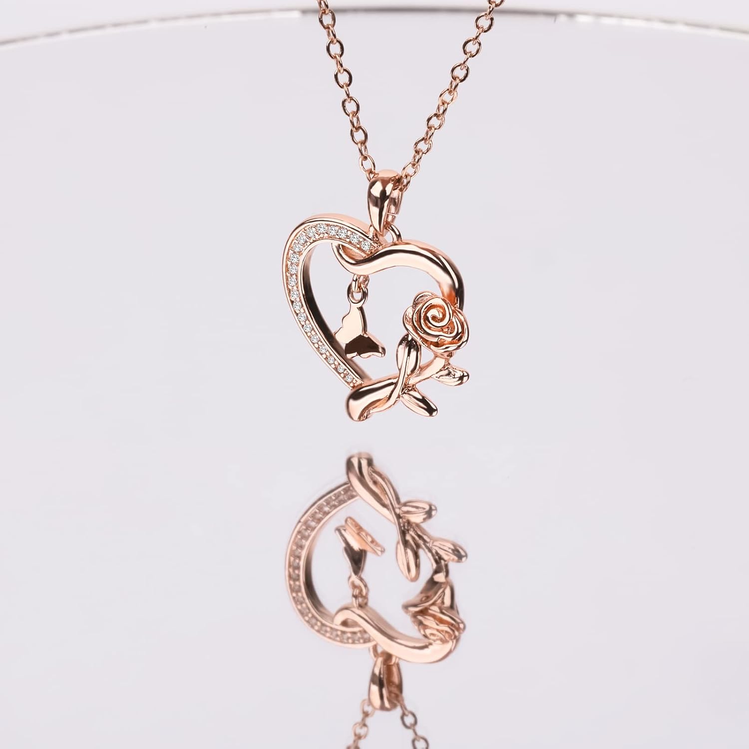 Heart Necklace for Women Sterling Silver/14k Gold Plated/Rose Gold CZ Romantic Rose and Butterfly Jewelry for women Birthday Valentine's Day Gift for Girls