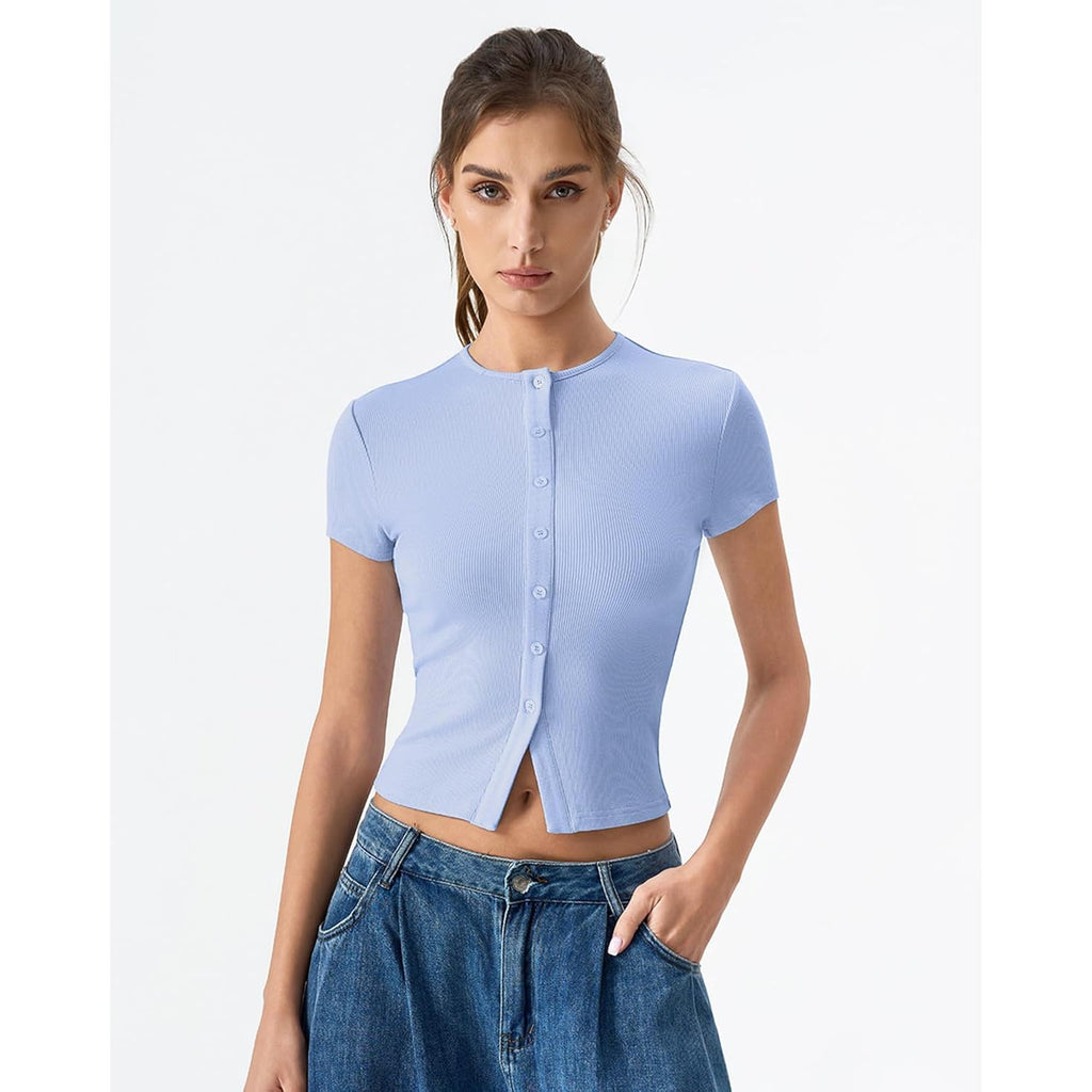 Qinsen Women'S Crewneck Short Sleeve T Shirts Ribbed Button Going Out Trendy Tops