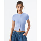 Qinsen Women'S Crewneck Short Sleeve T Shirts Ribbed Button Going Out Trendy Tops