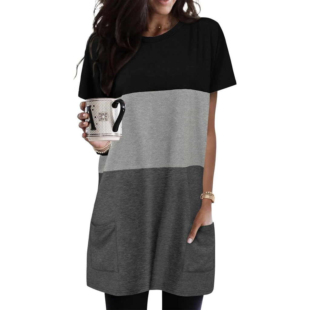 Womens Summer Tunic Tops for Leggings Casual Short Sleeve Long Shirts with Pockets