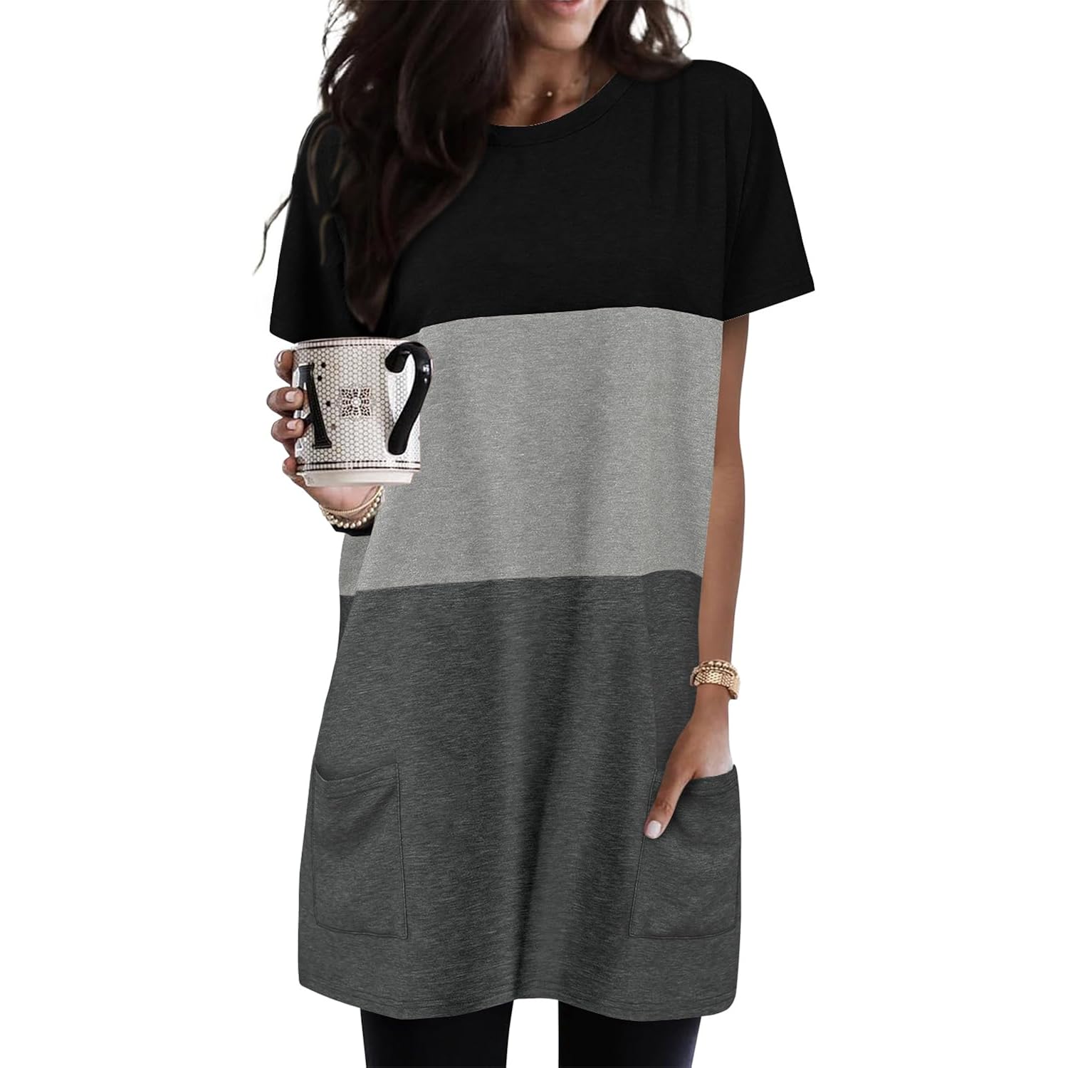 Womens Summer Tunic Tops for Leggings Casual Short Sleeve Long Shirts with Pockets