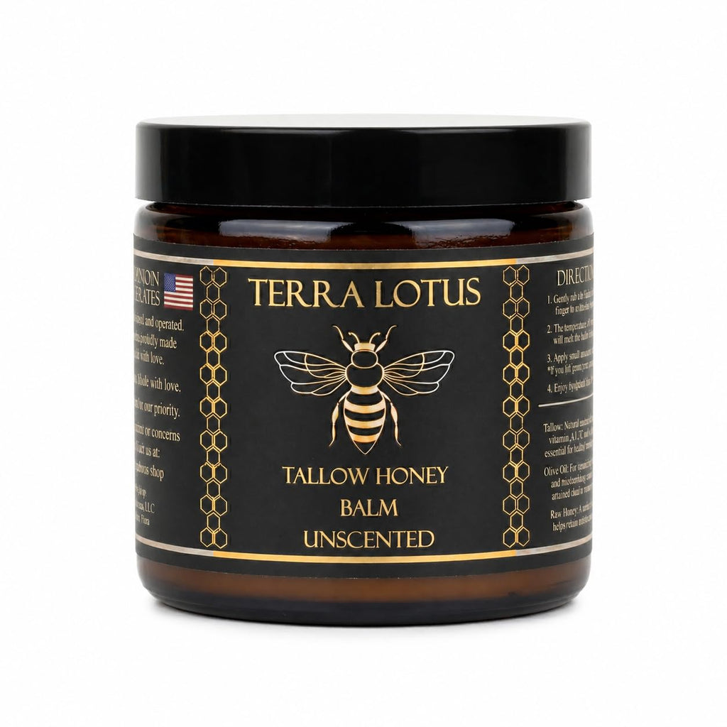 Terra Lotus - Organic Grass-Fed Beef Tallow Balm With Raw Honey - Moisturizing Cream - Handmade All-Natural Moisturizer (4 Oz, Unscented)