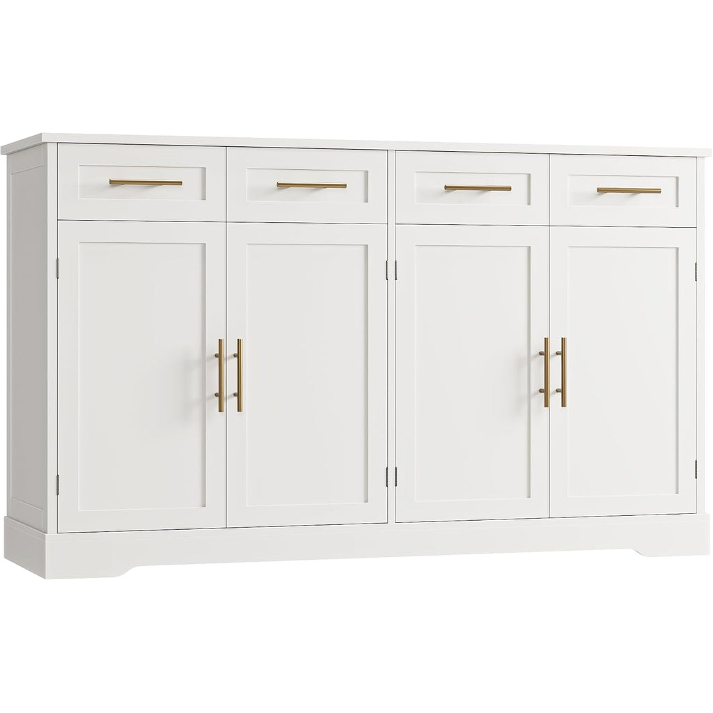 Hostack 60" W Sideboard Buffet Cabinet With Storage, Kitchen Cabinet, White | 36" Tall Kitchen Buffet Storage Cabinet With 4 Drawers, Large Coffee Bar Cabinet, Modern Buffet Table For Dining Living Room