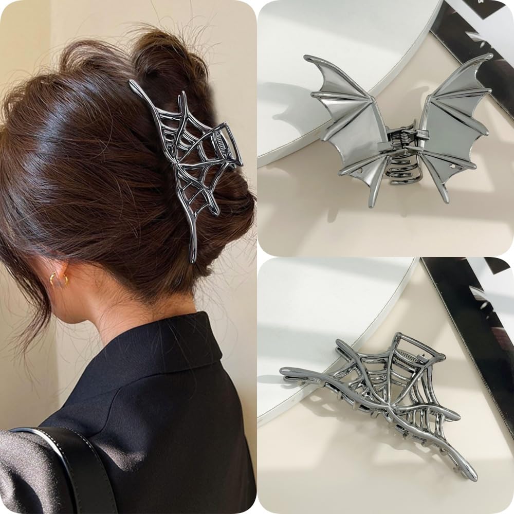 Halloween 3PCS Spider Net Bat Hair Claw Clips Hair Styling Accessories for Women Girls, Gothic Black Metal with Pearl Spooky Large Medium Size Catch Clips for thick Hair Holiday Gifts(Black Gun)