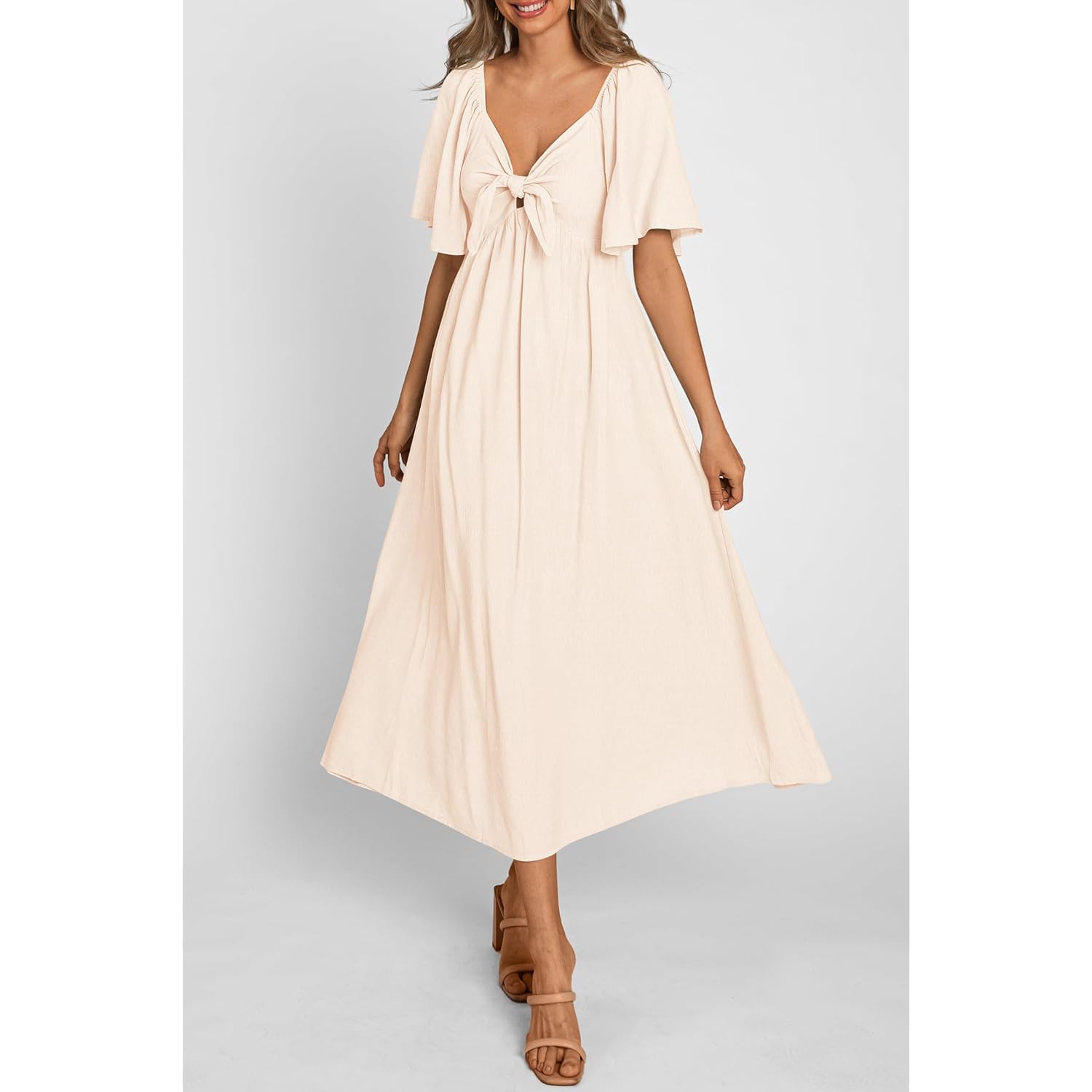 Prettygarden Summer Dress For Women 2026 Casual Short Sleeve Bow Tie V Neck Ruffle Midi Flowy Dresses