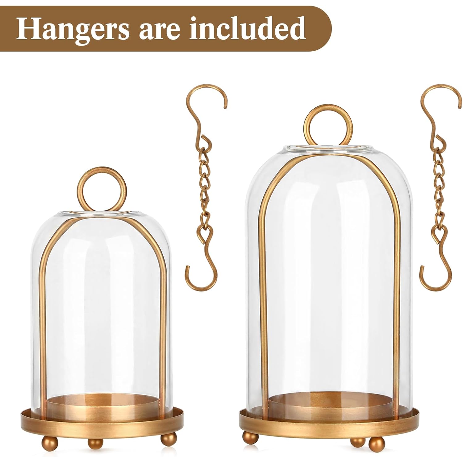 Vintage Brass Metal Candle Lantern with Thick Glass Dome – Set of 2 Shabby Chic Style Candle Holders (5.25"x10" & 4.5"x7.87") – Hanging or Tabletop Decor for Pillar Candles, Plants