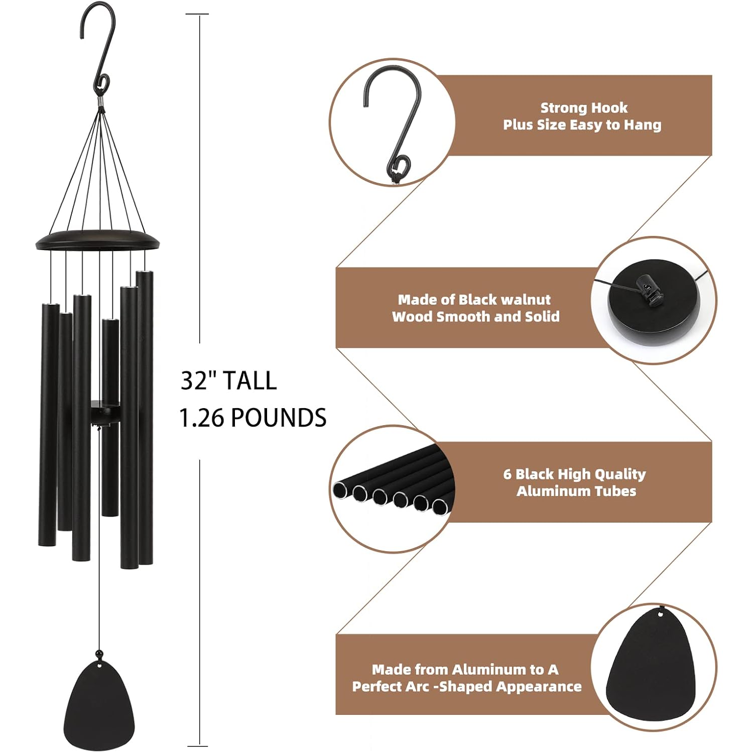 Fsvgyy Wind-Chimes-Outdoor-Large-Decor, Deep Tone Soothing Melodic Tones Windchimes, Wind Chimes For Outside, Memorial Wind Chime Best Gift For Mom Women Grandma Neighbors（32" Black）
