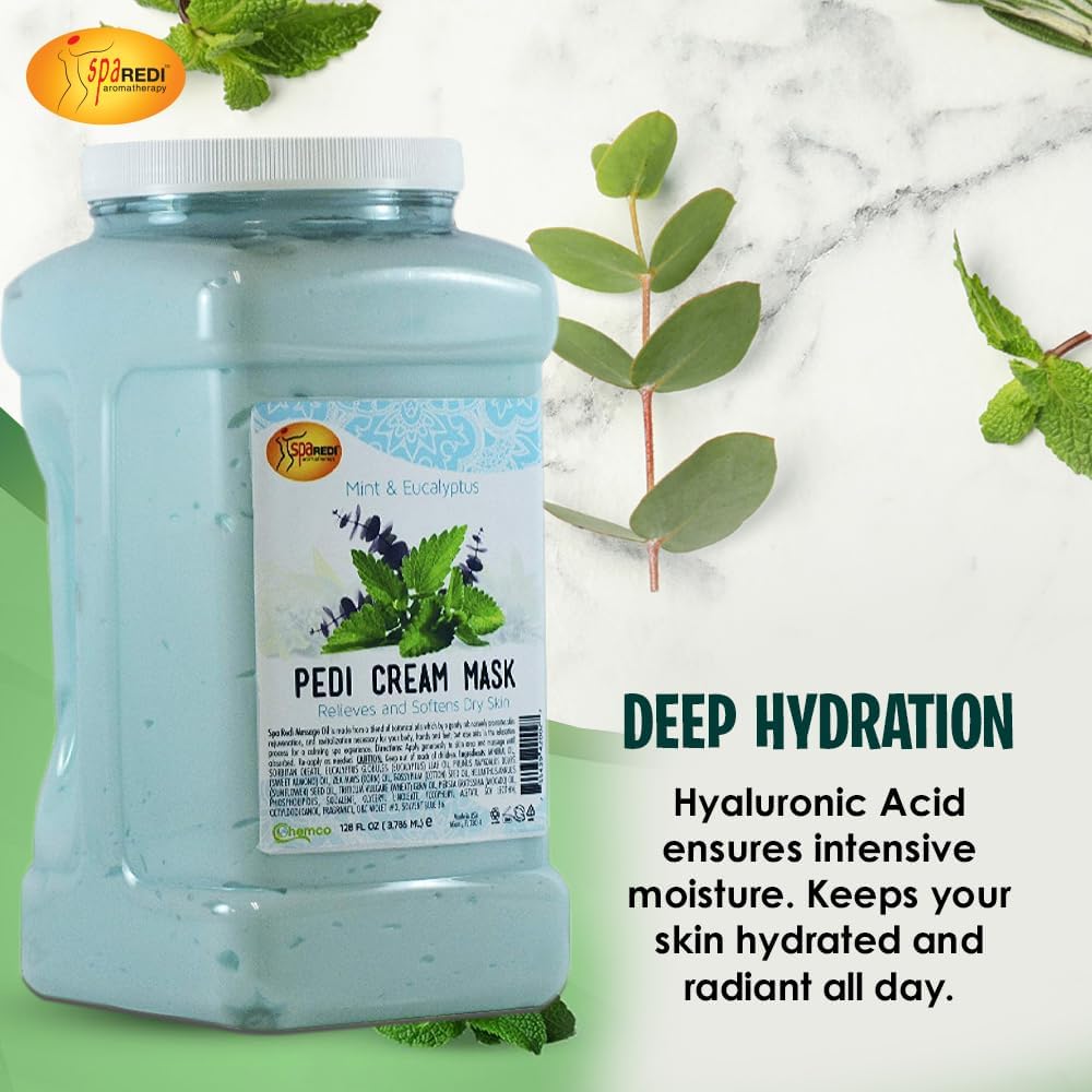 SPA REDI Cream Mask - Pedicure Massage for Tired Feet and Body, Hydrating, Fresh Skin - Infused with Hyaluronic Acid, Amino Acids, Panthenol, Comfrey Extract, Mint and Eucalyptus - 1 GAL