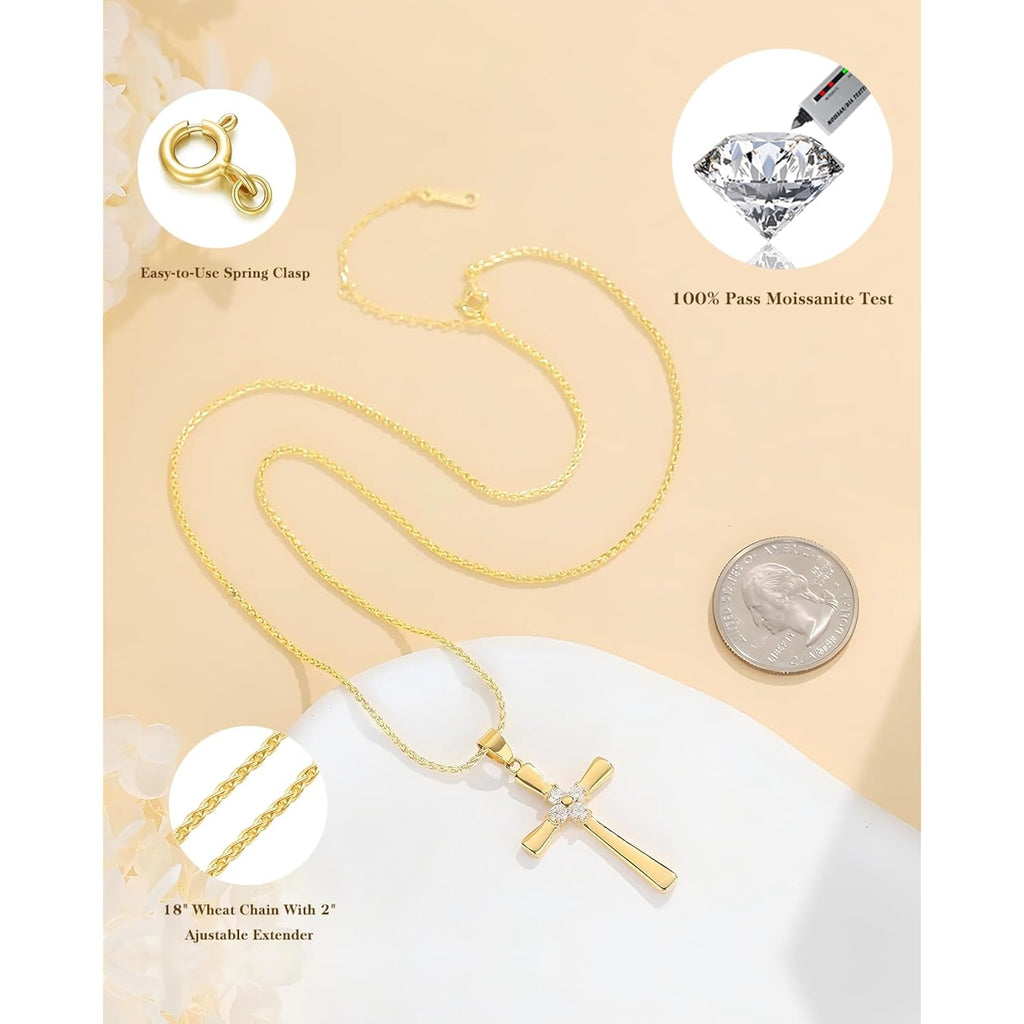 Moissanite Cross Necklace for Women Wife, 18K Gold Filled Sterling Silver Cross Pendant Chain Jewelry, Anniversary Birthday Gifts for Women Wife Her with LED Light-Up Gift Box and Gift Card-1CT