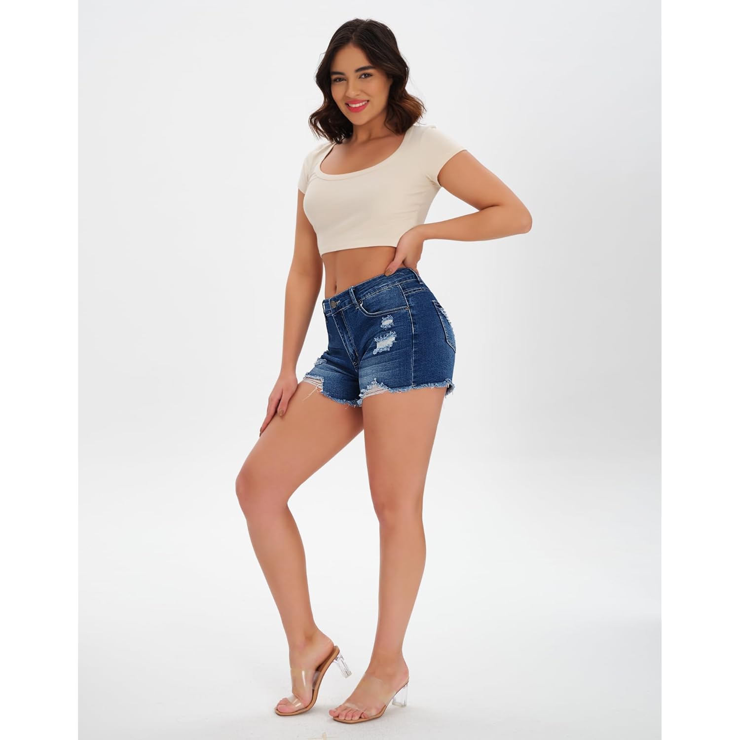 Women's Mid Rise Ripped Stretchy Cut Off Denim Jean Shorts