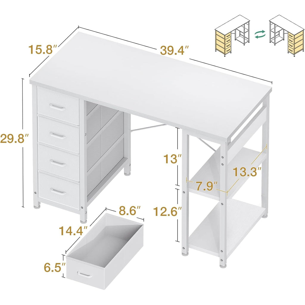 Odk 40 Inch Small White Computer Desk With 4 Fabric Drawers, Modern Office Desk For Home Office Gaming With Storage Shelves Study, White