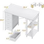 Odk 40 Inch Small White Computer Desk With 4 Fabric Drawers, Modern Office Desk For Home Office Gaming With Storage Shelves Study, White