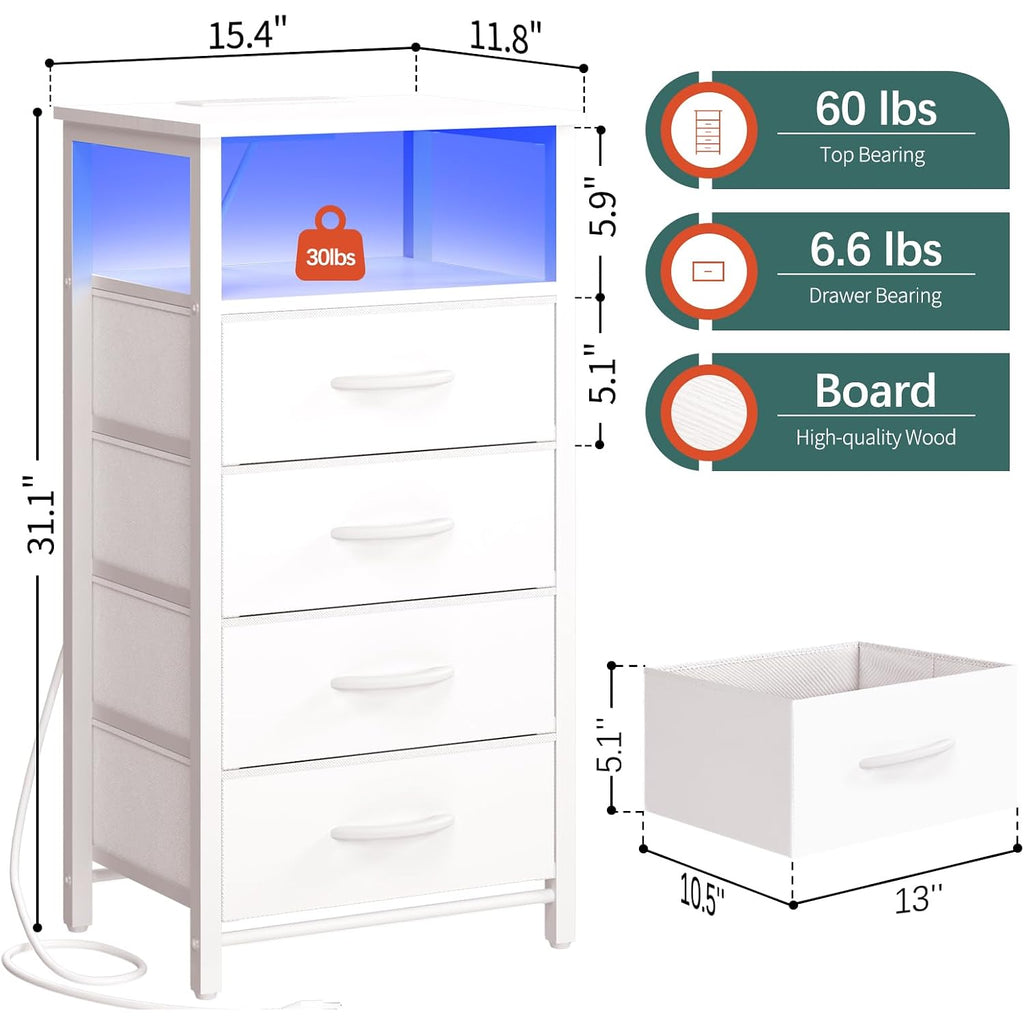 Yoobure Night Stand - Led White Nightstand With Charging Station, Bedside Table With 4 Storage Drawers And Storage Shelf, End Table With Usb Ports And Outlets, Tall Nightstand For Bedroom