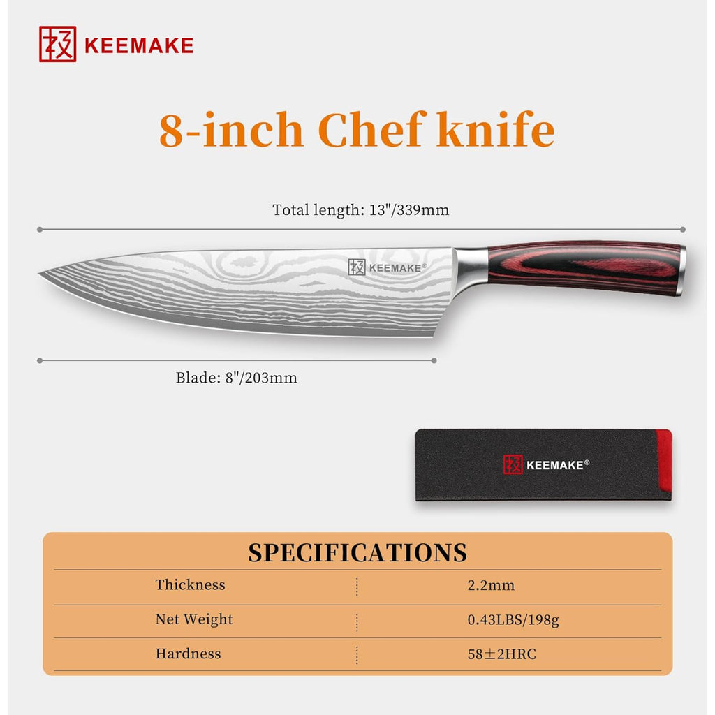 KEEMAKE Chef Knife - 8 Inch High Carbon Stainless Steel Kitchen Knife with Ergonomic Handle, Professional Kitchen Gadgets with Gift Box for Men and Women, Father Day Gifts