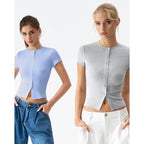 Qinsen Women'S Crewneck Short Sleeve T Shirts Ribbed Button Going Out Trendy Tops