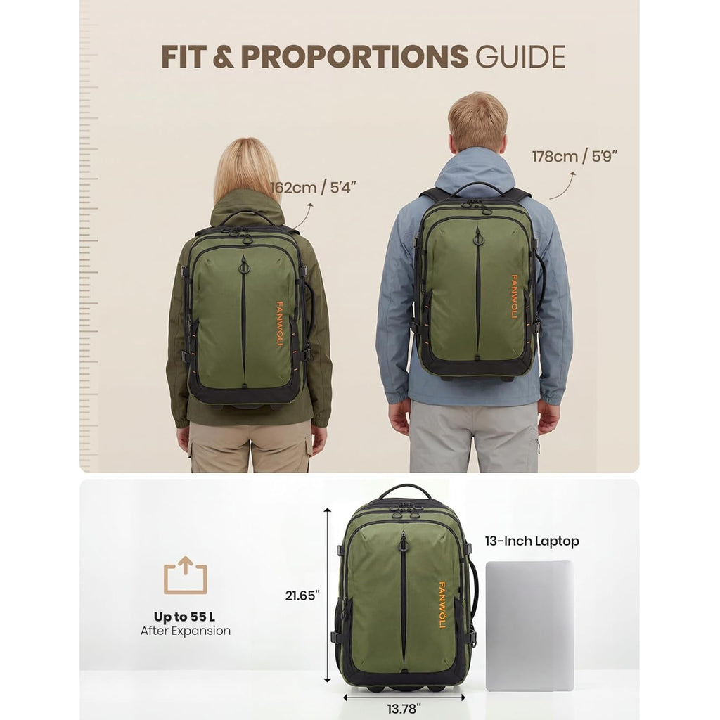 Fanwoli Rolling Vacuum Backpack Travel With One-Button Compression,Carry-On | 55L Expandable | 2-In-1 Design | Built-In Electric Pump | 16 Pockets | Water Resistant | Fits 18” Laptop