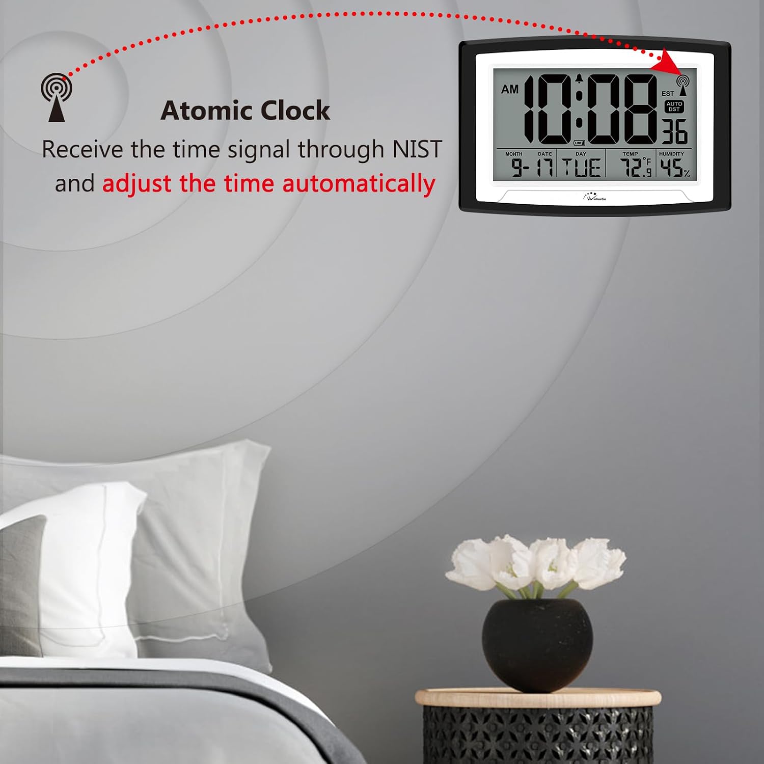 Atomic Clock With Indoor Temperature And Humidity, 12.5 Inch Self-Setting Digital Wall Clock Or Desk Clock, Battery Operated Digital Clock Large Display For Seniors, Auto Dst