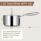 Ewfen 3 Ply Stainless Steel Saucepan With Lid, 3 Quart Multipurpose Cooking Pot, Stay-Cool Handle, Induction Oven Dishwasher Safe, 3 Qt