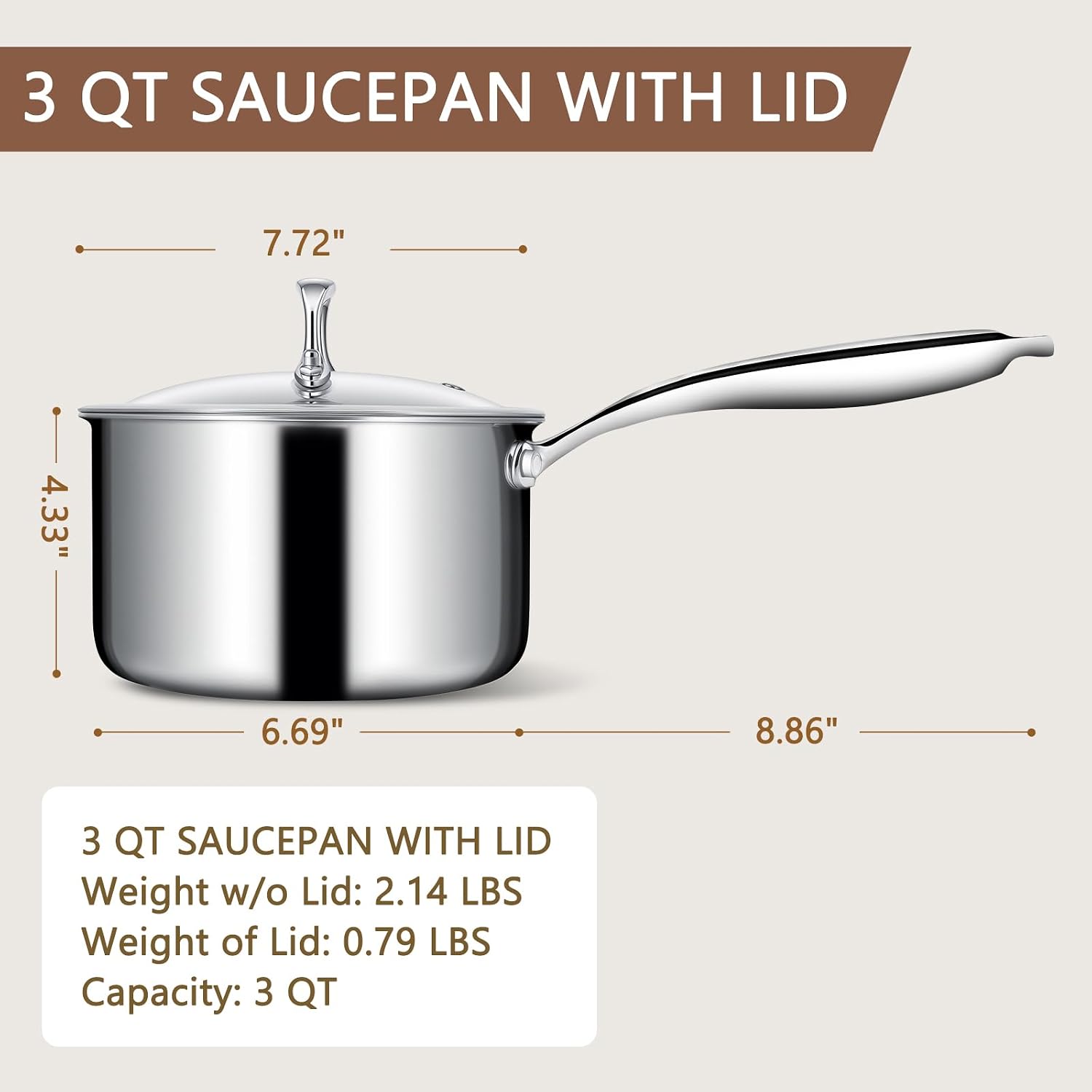 Ewfen 3 Ply Stainless Steel Saucepan With Lid, 3 Quart Multipurpose Cooking Pot, Stay-Cool Handle, Induction Oven Dishwasher Safe, 3 Qt