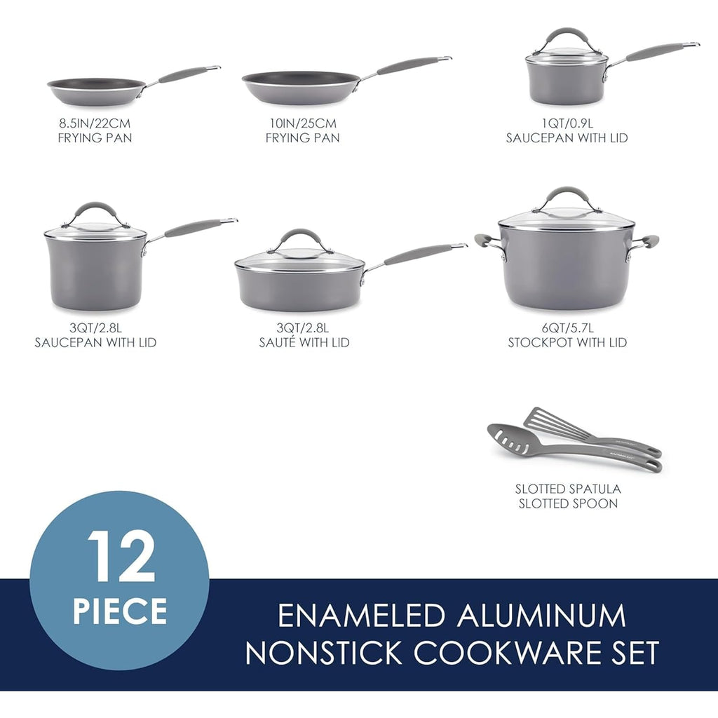 Rachael Ray Cucina Nonstick Cookware, Sea Salt Gray Pots And Pans Set, 12-Piece