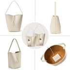 Genuine Leather Bucket Bag with Credit Card Holder Wallet, First Layer Pebble-grained Calfskin Tote Bag