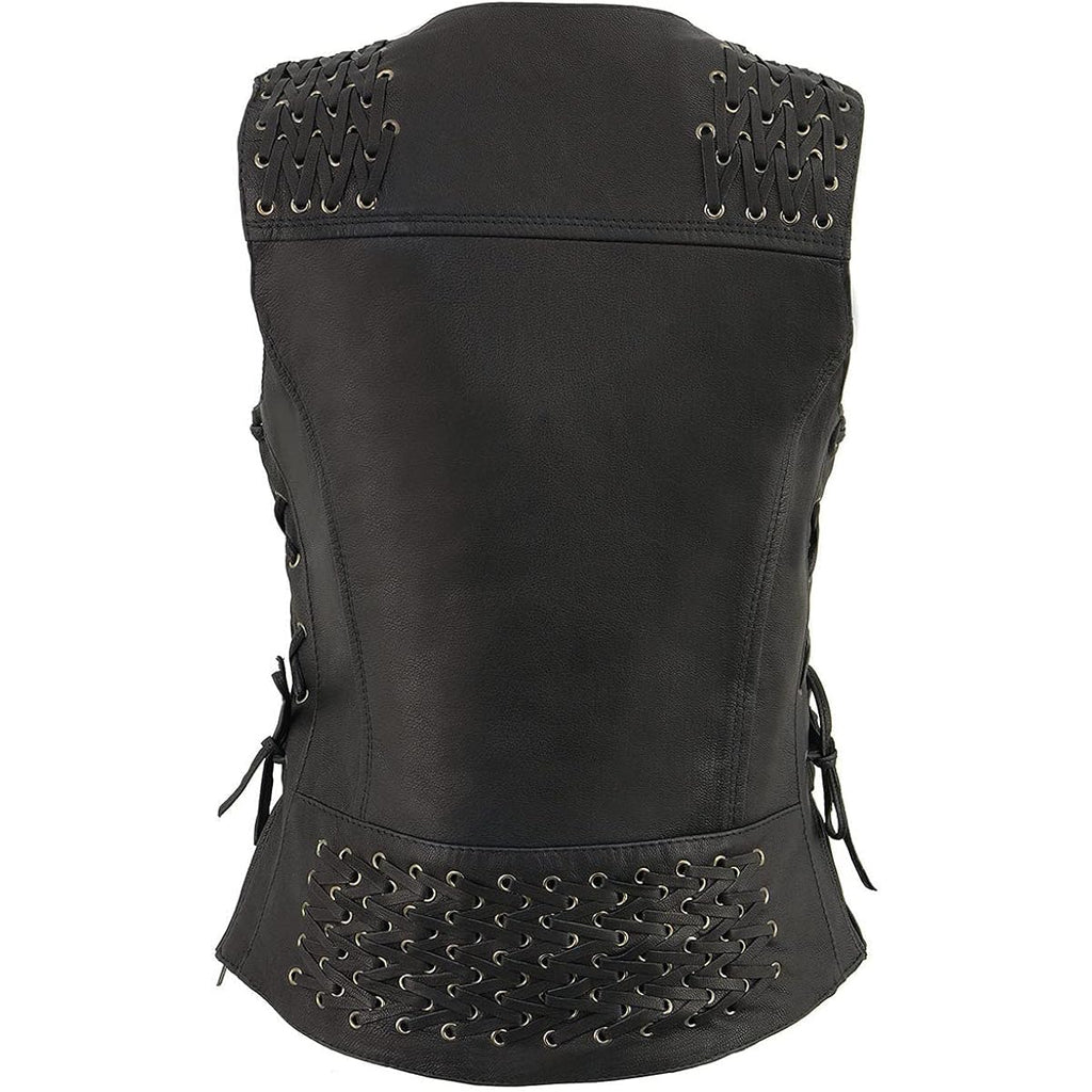 Milwaukee Leather Women'S V-Neck Distress Grey Premium Leather Motorcycle Rider Vest W/Side Laces Mll4531