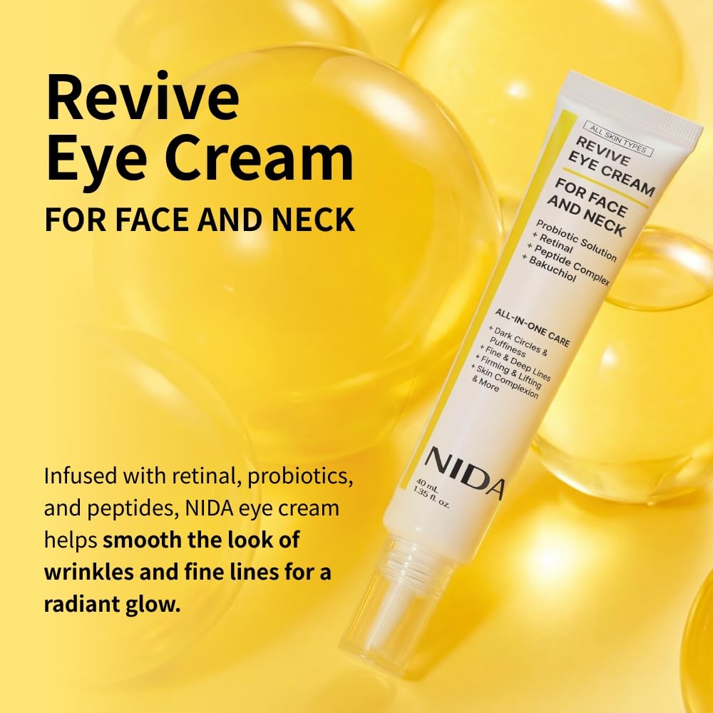 Nida Revive Eye Cream For Face And Neck | Probiotics Lystate Solution, Retinal, Peptide Complex, Bakuchiol | Wrinkles, Fine Lines, Cell Turnover, Firm Skin Texture, Radiant Skin | 1.35 Fl. Oz., 40Ml