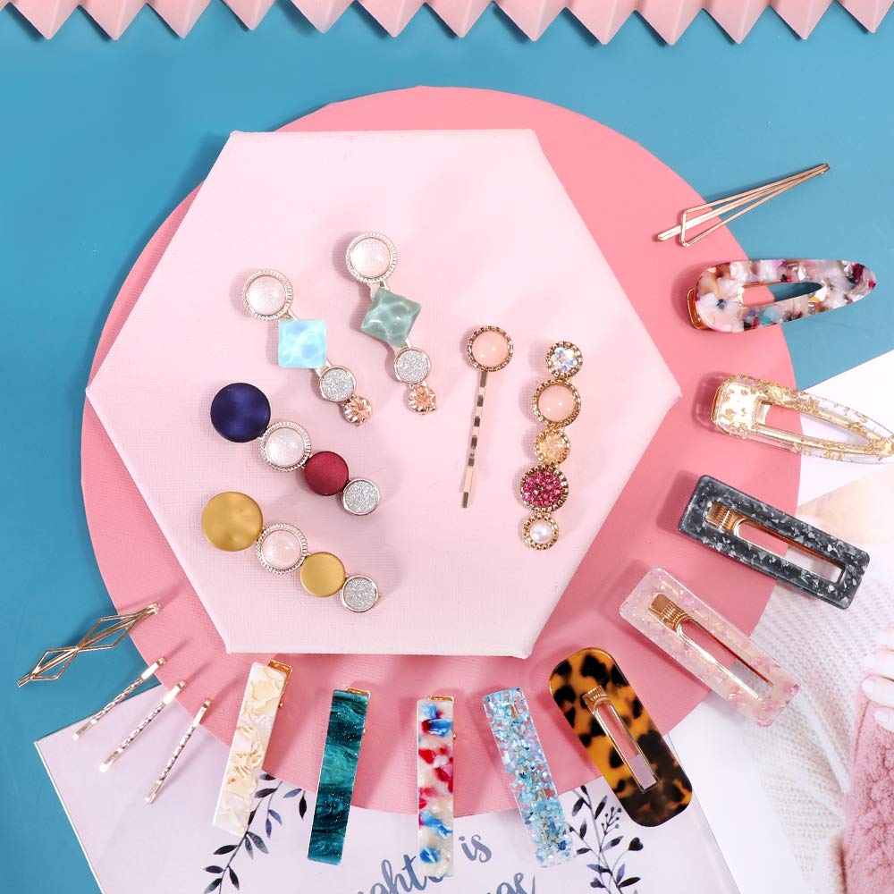 28 Pcs Hingwah Pearls And Acrylic Resin Hair Clips, Handmade Hair Barrettes, Marble Alligator Bobby Pins, Glitter Crystal Geometric Hairpin, Elegant Gold Hair Accessories, Gifts For Women Girls